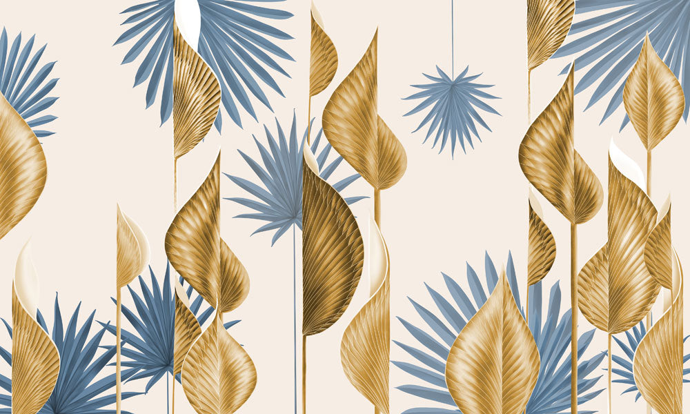 Tropical Blue Gold Leaf Mural Wallpaper