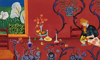 Vibrant Red Floral Artistic Mural Wallpaper in dining room