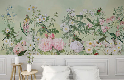 Vintage Botanical Garden Bird Wallpaper Mural in bedroom