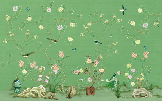 Green Floral Birds Chinoiserie Mural Wallpaper