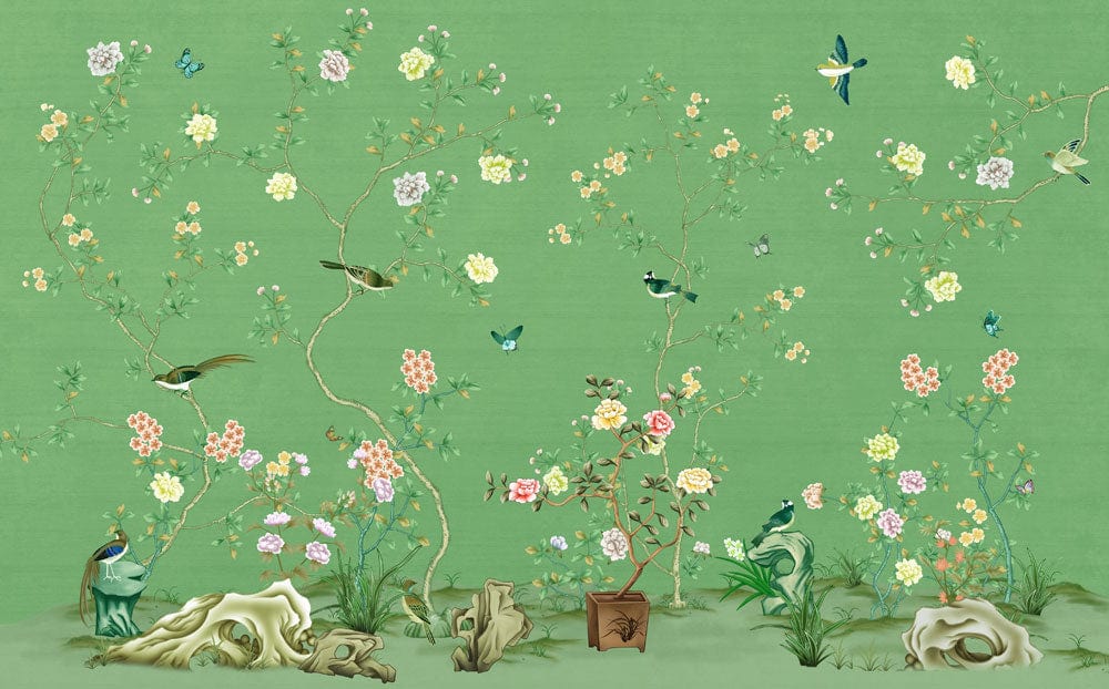 Green Floral Birds Chinoiserie Mural Wallpaper