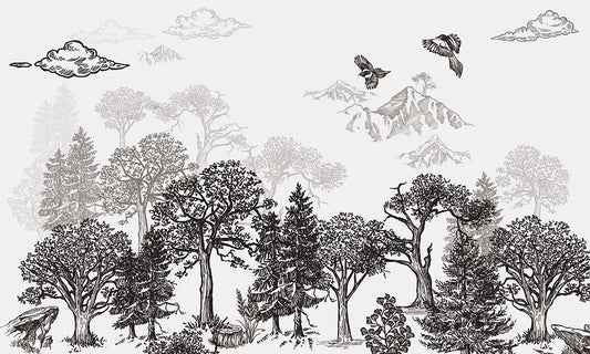 Mountains & Trees Sketch Wallpaper Mural