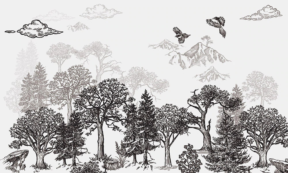 Papier Peint Panoramique Croquis de Montagnes et d'Arbres