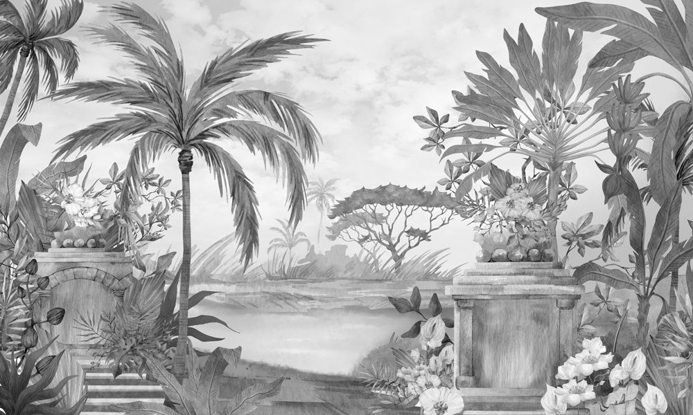 Elegant Tropical Monochrome Mural Wallpaper