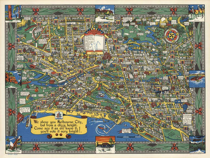Vintage Illustrated Melbourne Map Mural Wallpaper