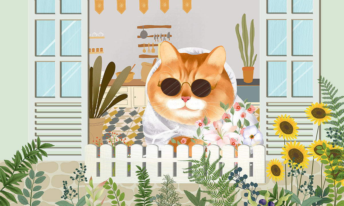 Whimsical Cat Floral Garden Mural Wallpaper