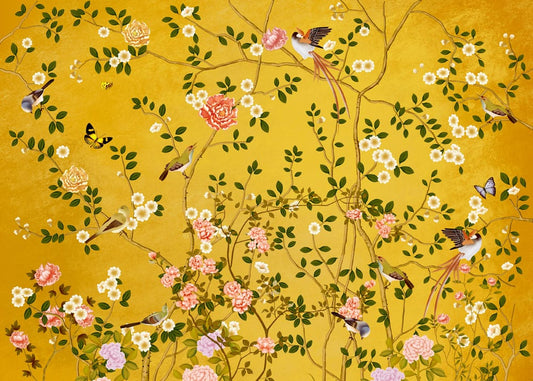 Golden Botanical Bird Garden Mural Wallpaper