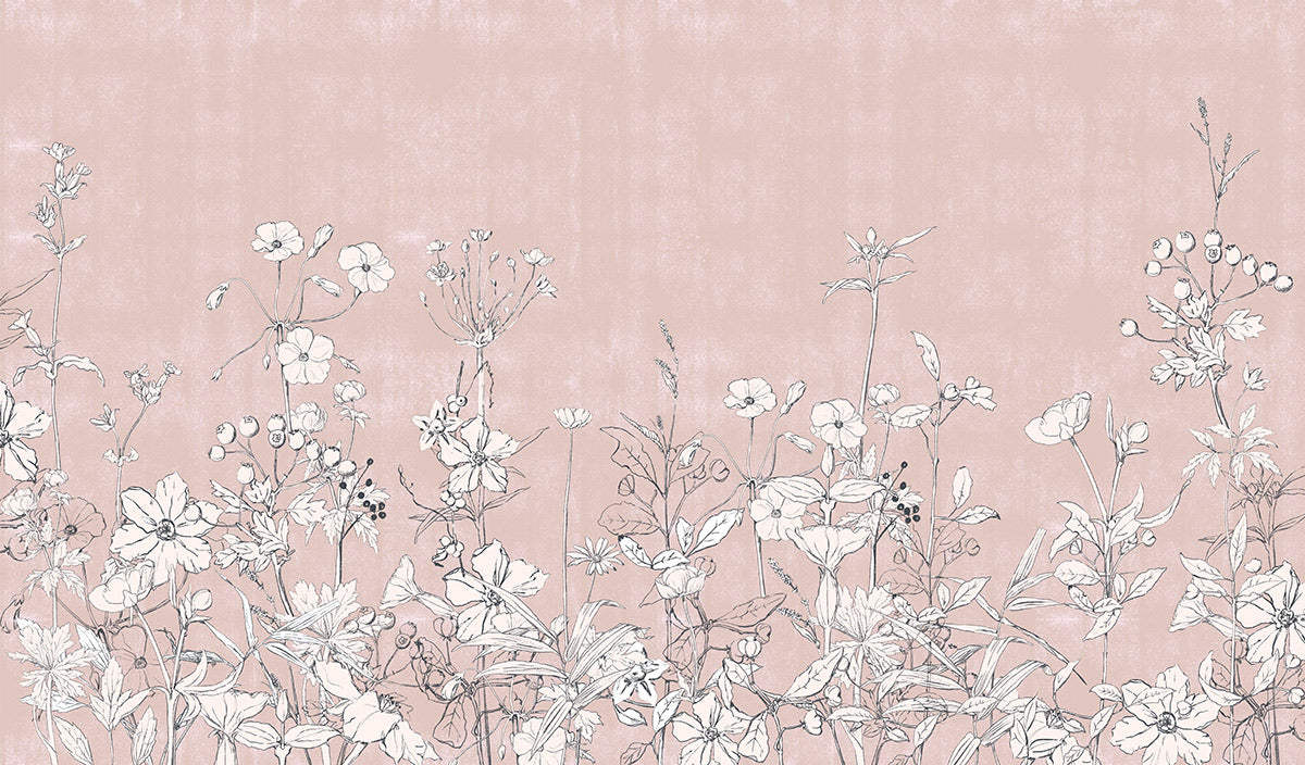 Wallpaper Mural with Pale Plants Against a Pink Background