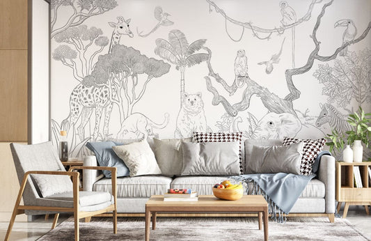 Safari Adventure Sketch Mural Wallpaper in living room