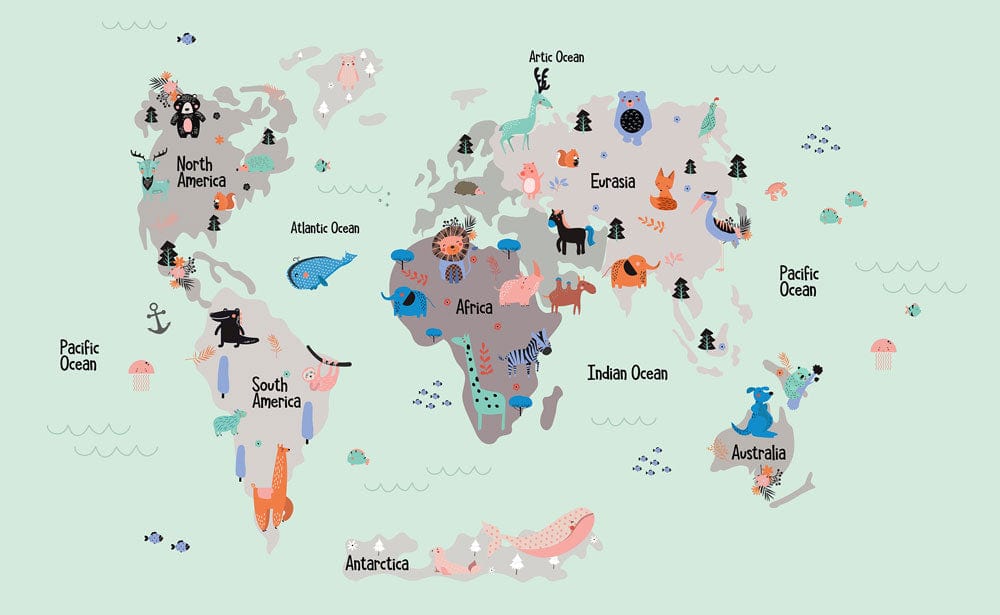 Whimsical Animal World Map Mural Wallpaper