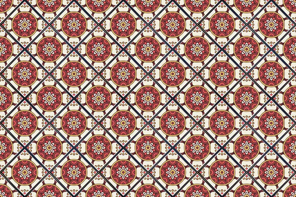 Vintage Red Floral Geometric Mural Wallpaper