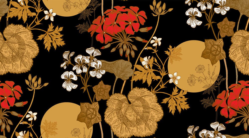 Gold Floral on Black Mural Wallpaper