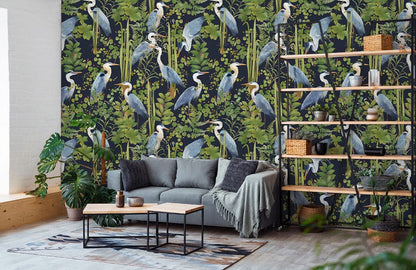 Tropical Heron Botanical Mural Wallpaper in living room