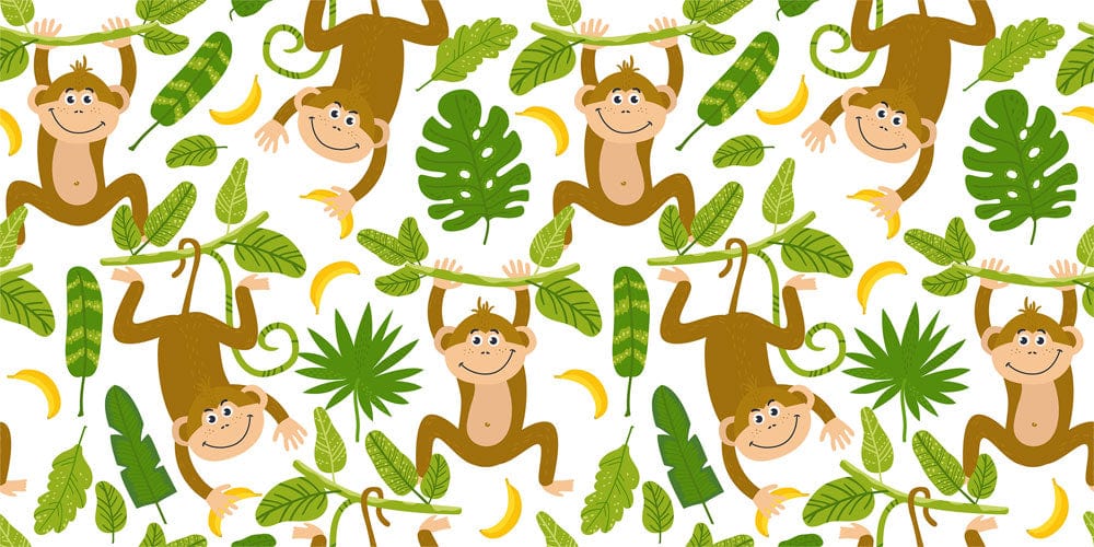 a wall mural with monkeys, leaves, and fruit