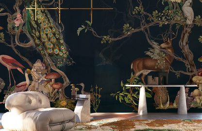 Enchanted Forest Animal Mural Wallpaper in living room
