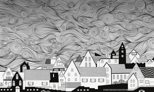 Abstract Swirling Skyline Black and White Mural Wallpaper