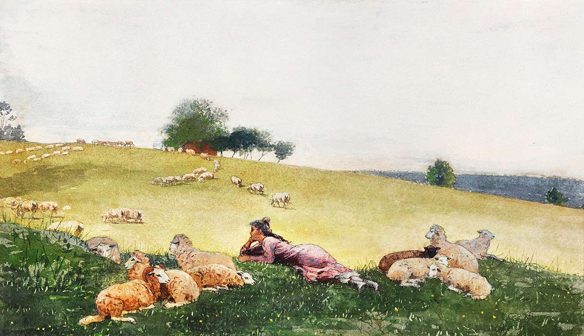 Pastoral Landscape Sheep Watercolor Mural Wallpaper
