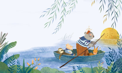 Whimsical Forest Animal Boat Mural Wallpaper
