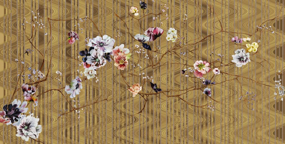 Floral Wood Grain Effect Mural Wallpaper