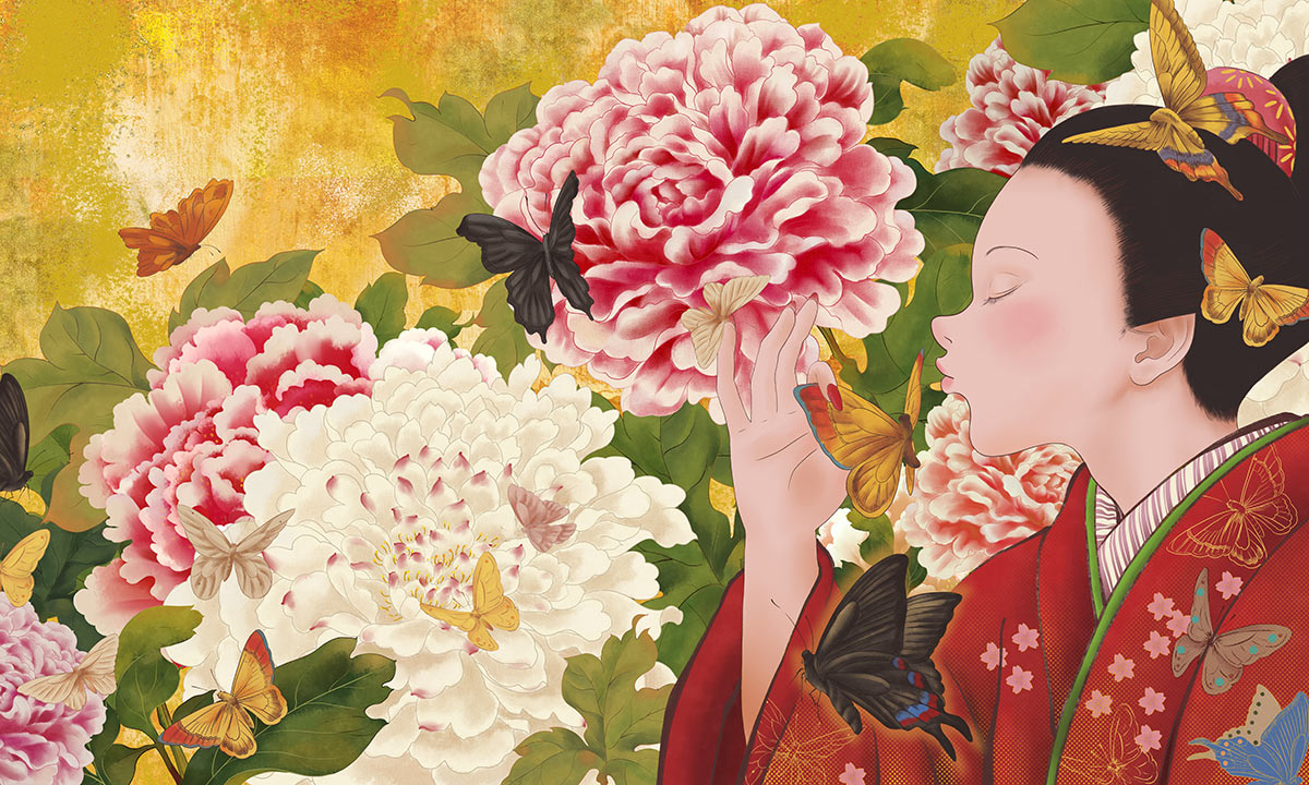 Papier peint mural élégant avec des papillons et des pivoines japonaises