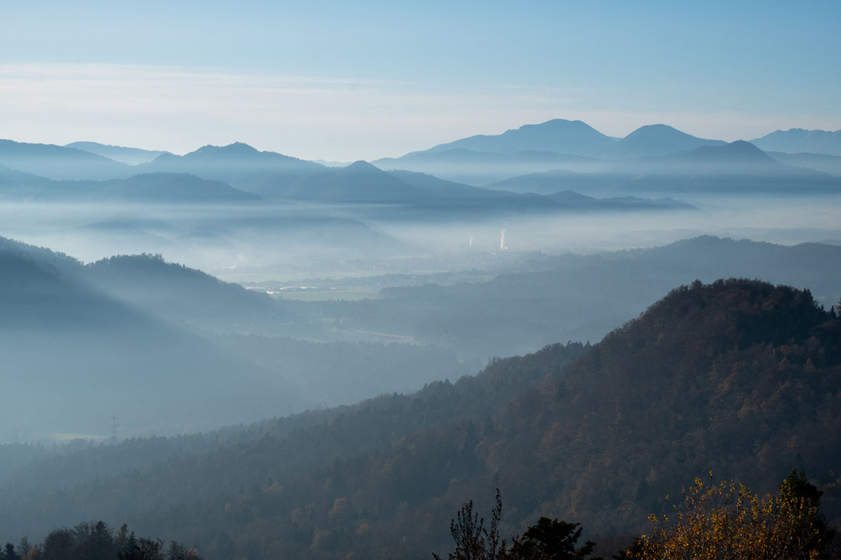 Misty Blue Mountain Landscape Mural Wallpaper