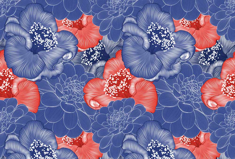 wallpaper with a dark blue and red floral pattern