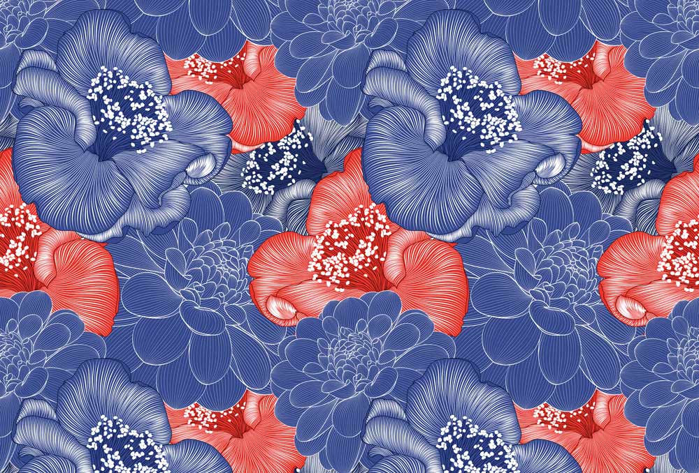 Blue and Red Floral Pattern Mural Wallpaper