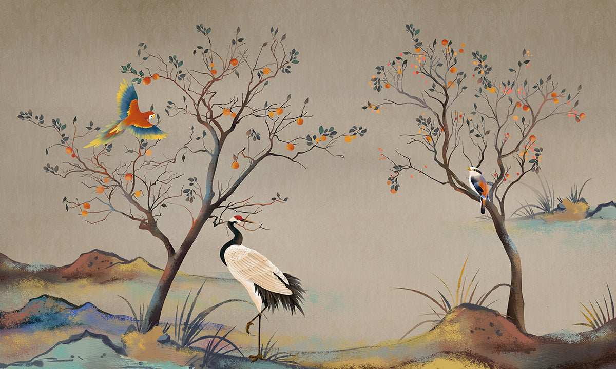 Wallpaper Mural for Home Decoration Featuring Autumn Birds and Trees