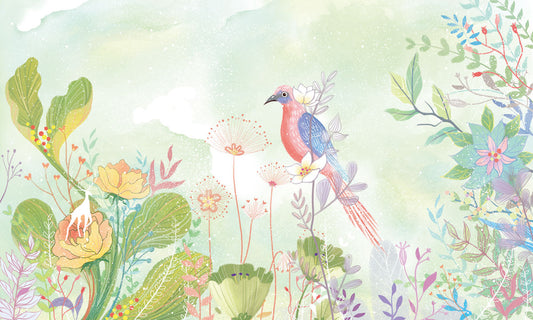 Pastel Botanical Bird Garden Mural Wallpaper