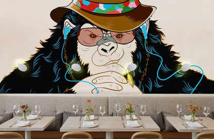 Funky Monkey Musical Illustration Mural Wallpaper in dining area