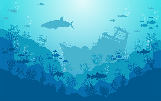 Wall murals of the ocean with wrecks