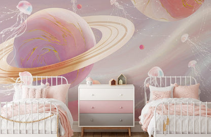 Whimsical Planetary Jellyfish Mural Wallpaper in bedroom