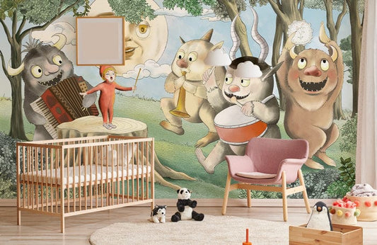 Whimsical Forest Creature Kids Mural Wallpaper in nursery