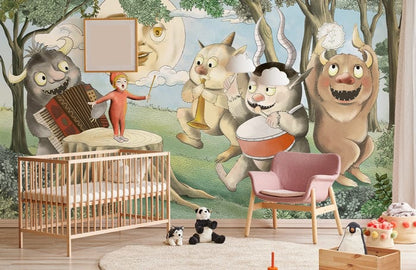 Whimsical Forest Creature Kids Mural Wallpaper in nursery