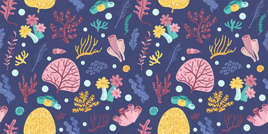 a wall mural featuring a cartoon marine life pattern
