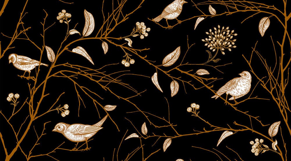 Elegant Gold Birds on Black Mural Wallpaper