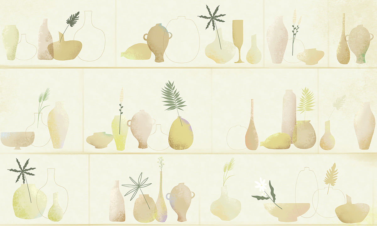 Wallpaper mural for home decoration featuring a pastel yellow vase pattern.