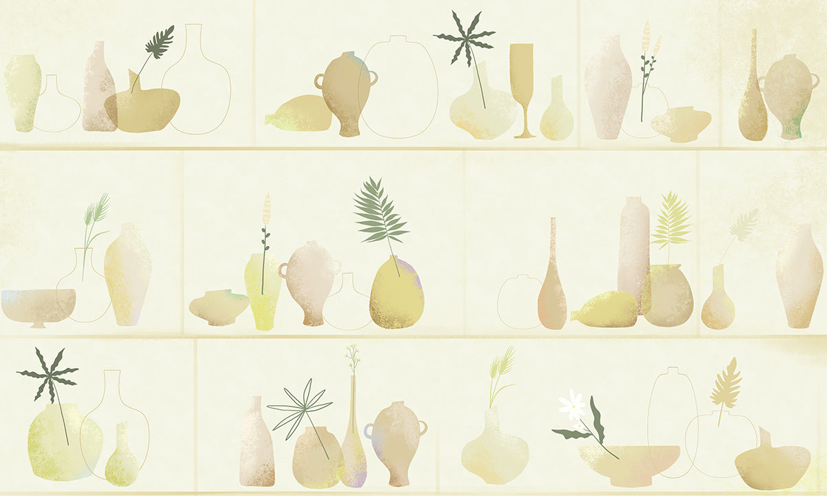 Neutral Botanical Vase Illustration Mural Wallpaper