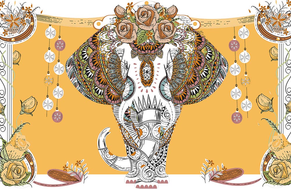 Bohemian Elephant Orange Floral Mural Wallpaper