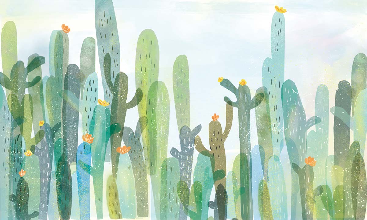 Murale de papier peint aquarelle de cactus désert serein