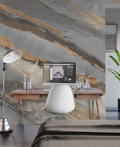 Living Room Covered in a Marble and Gray Gilt Wallpaper Mural