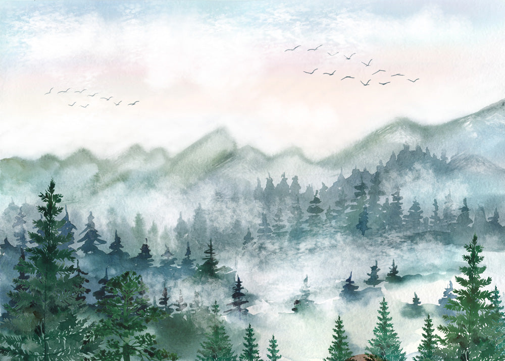 wallpaper mural featuring a misty woodland for use in interior design.