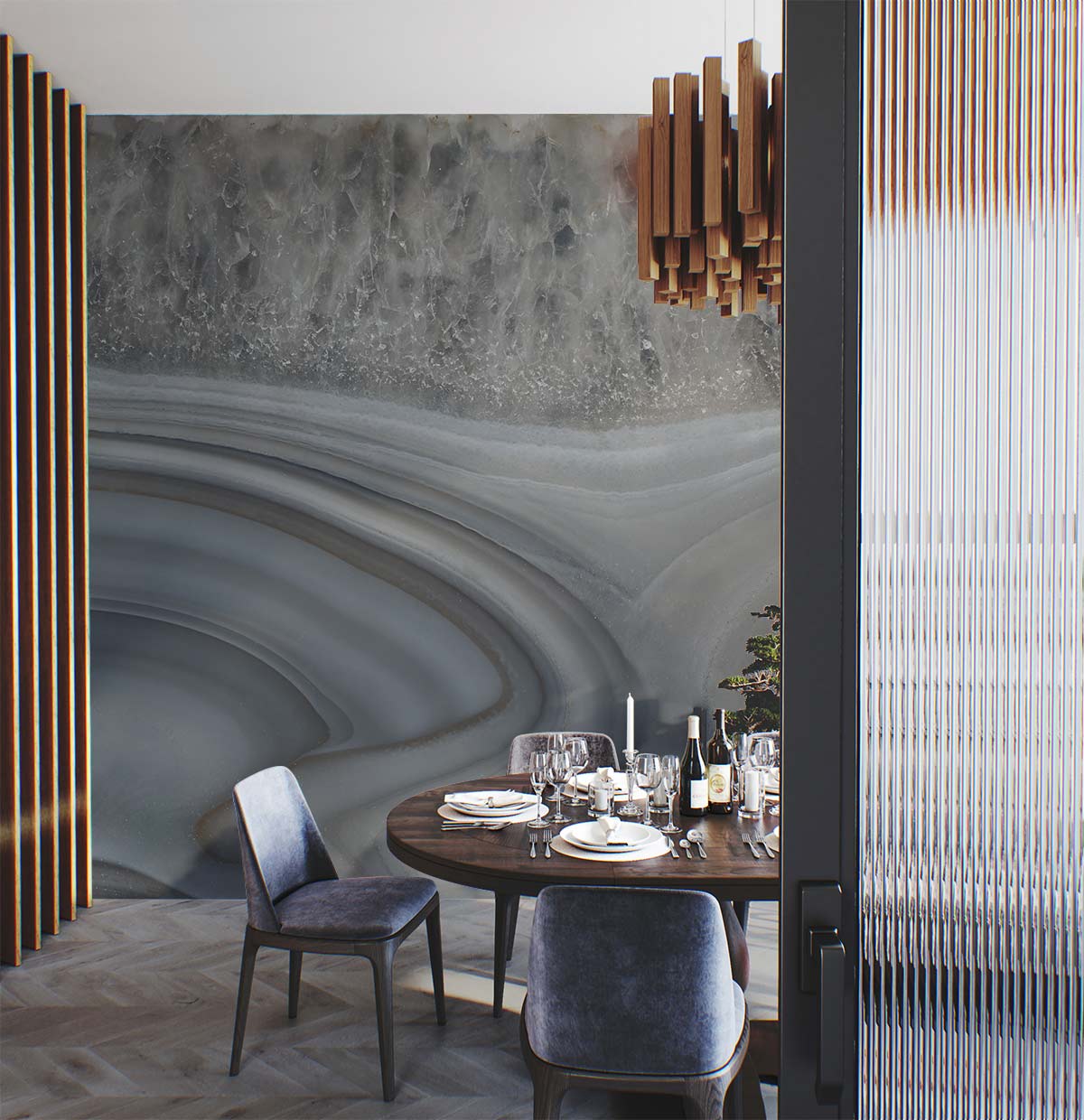 Wallpaper Mural in the Living Room Featuring a Ripple Gray Marble Design