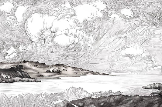 Monochromatic Scenic Clouds Ink Mural Wallpaper