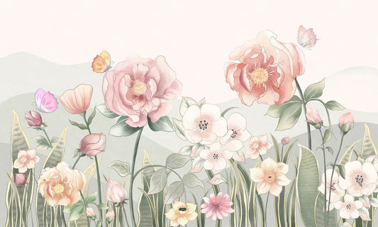 Pastel Floral Garden with Butterflies Wallpaper Mural