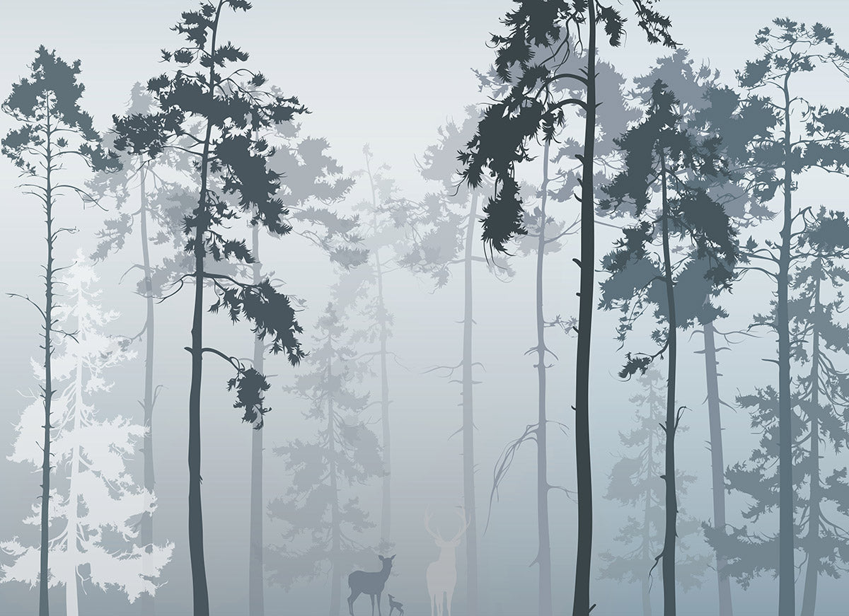 Misty Forest Deer Silhouette Mural Wallpaper