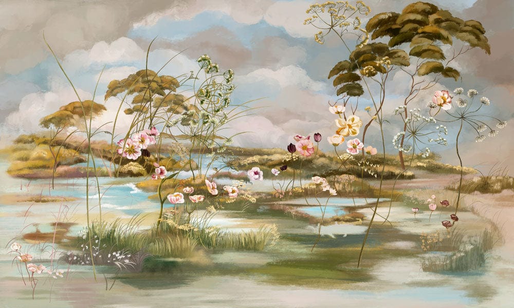 Serene Lakeside Floral Landscape Mural Wallpaper