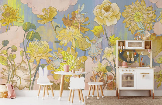 Sunny Watercolor Floral Mural Wallpaper in kitchen