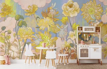 Sunny Watercolor Floral Mural Wallpaper in kitchen