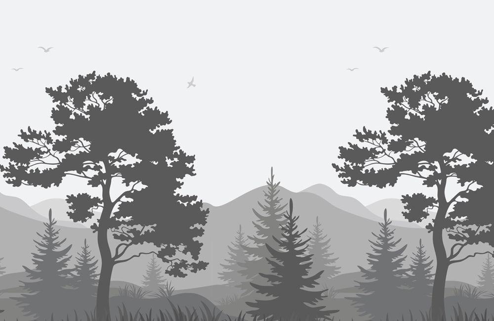 Misty Forest Silhouette Monochrome Mural Wallpaper